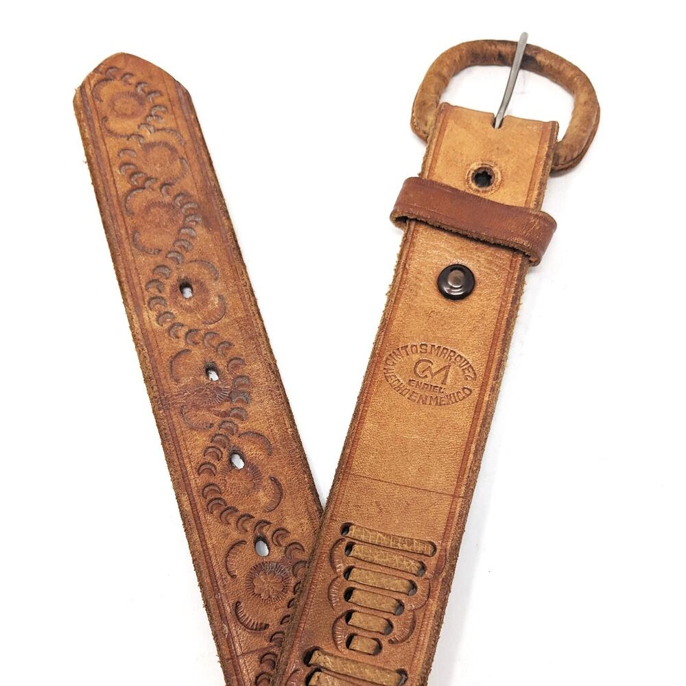 Cintos Marquez Belt Mens 38 Tan Tooled Laced Western Aztec Boho Mexico